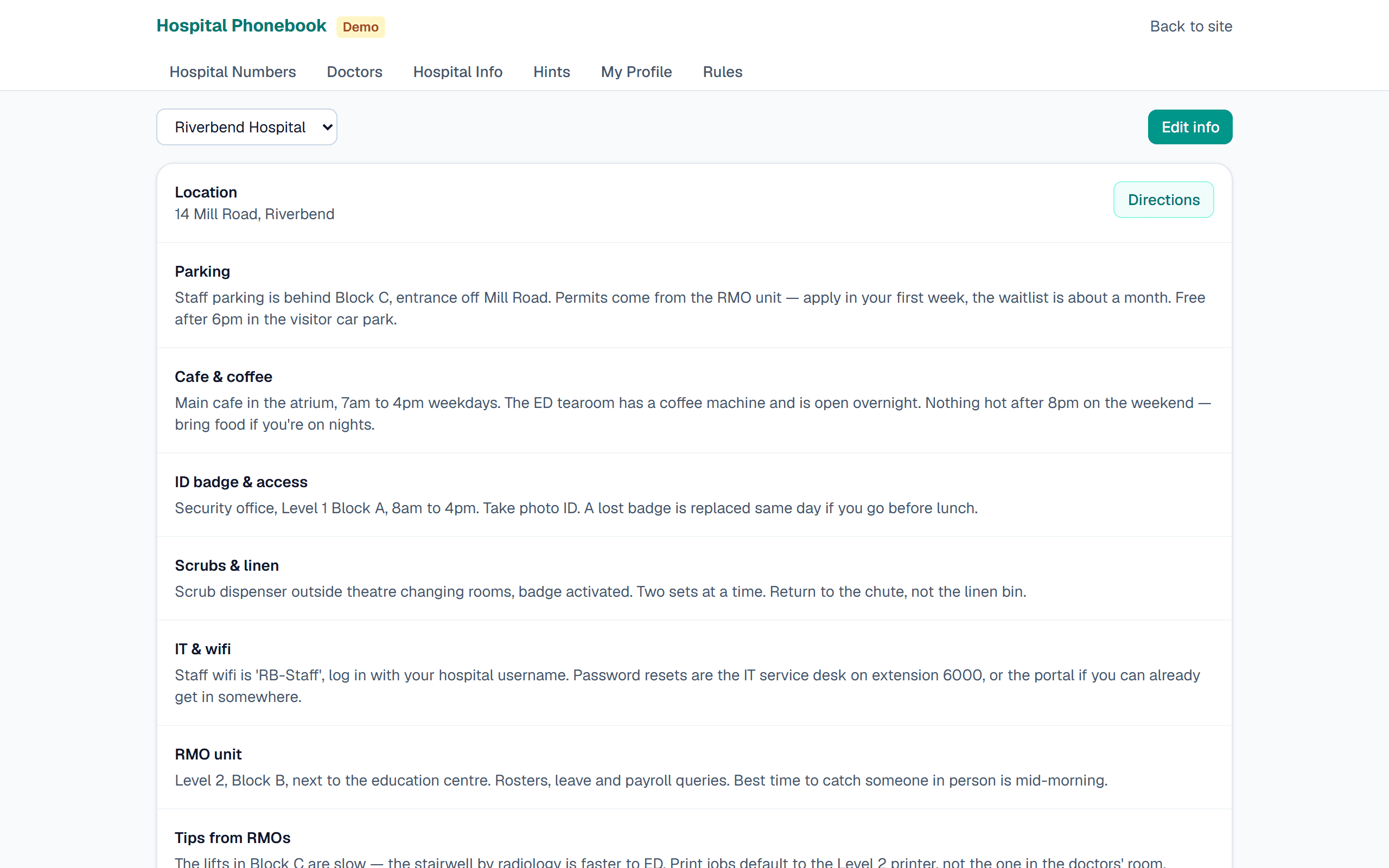 The hospital information page.